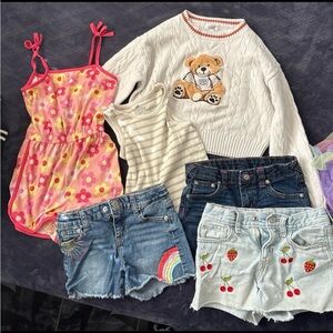 Girls 6-7 Mixed Summer Bundle - Pink Floral Romper, Jeans & Embroidered Shorts